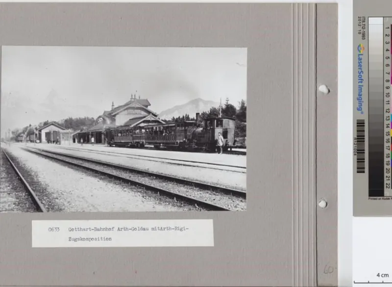 Bahnhof Arth-Goldau (Gotthardbahn), mit Zugskomposition der Arth- Rigi -Bahn, H 1/2 (ca. 1890)