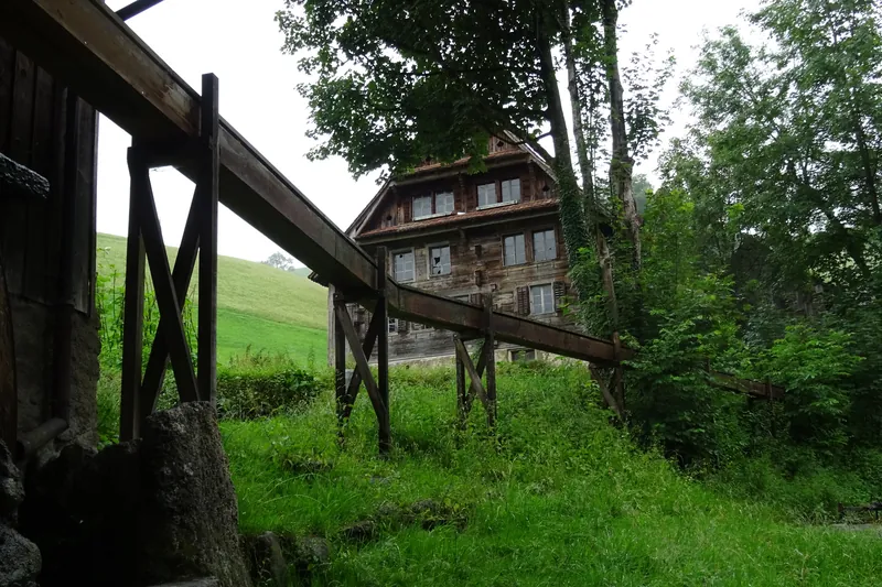 Küssnacht am Rigi, Seebodenstrasse, bone stamping mill with water wheel and pond (10.07.2014)