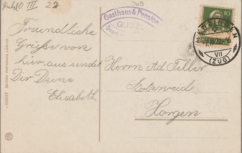 Gubel b. Menzingen, Restaurant and Pension, Rigi, 1800 m, Siblings Arnold (vor 7.3.1922)