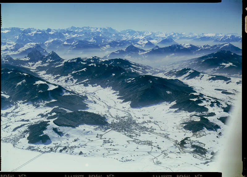 Einsiedeln, direction Rigi with mountains and Alpthal from high view (3/1979)