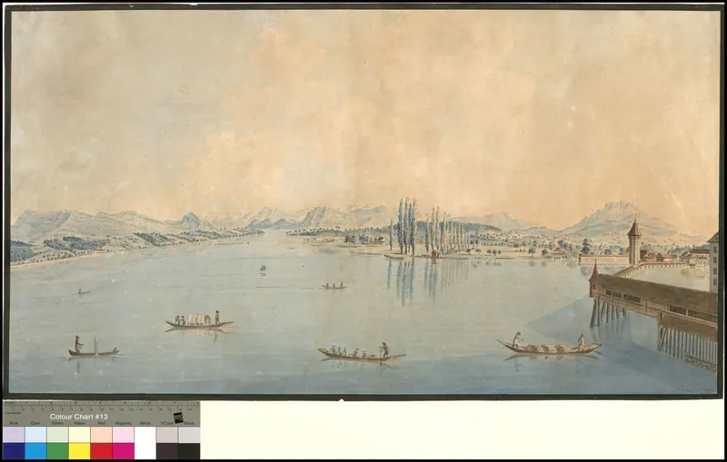 [Blick vom heutigen Schwanenplatz über den Luzerner See mit Bergpanorama von der Rigi bis zum Pilatus. Im Vordergrund rechts die Kapellbrücke] (1815)