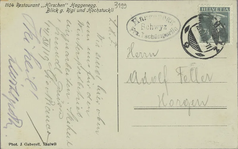 Haggenegg, Restaurant "Hirschen", view g. Rigi and Hochstuckli (vor 14.12.1919)