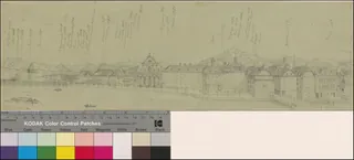 [Linkes Reussufer mit Kapellbrücke, Jesuitenkirche und Bergpanorama von Rigi Kulm bis Sonnenberg] (1860)