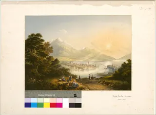 [Luzern, wie es nie war:] Blick vom Gütsch auf die Stadt; auf der Reuss ein Mississippidampfer, im Hintergrund die Rigi als Eisgebirge] (1857-06-20)