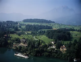 Motorboat "Rigi" at the boat station St. Niklausen (municipality Horw) (07.08.1980)