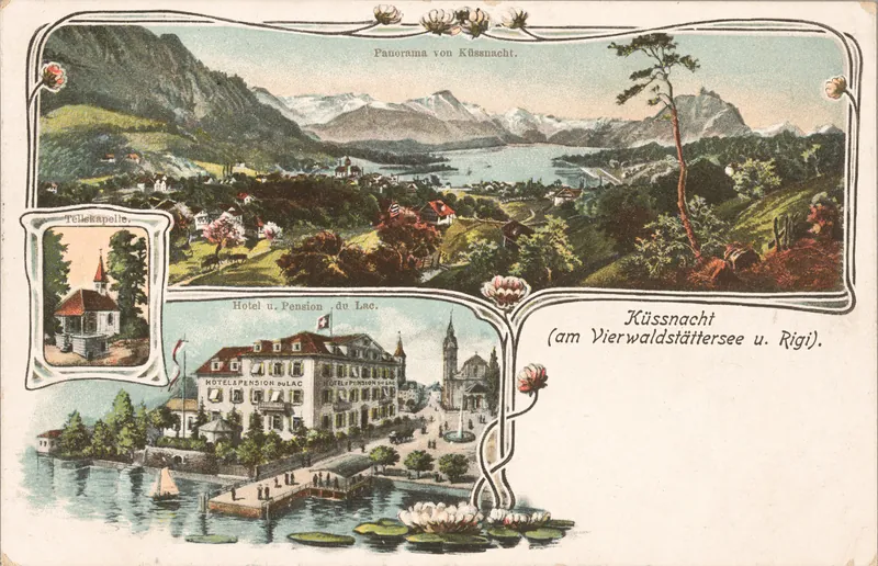 Küssnacht, Tell's Chapel, Hotel and Pension du Lac, Lake Lucerne and Rigi, Panorama (vor 16.7.1915)