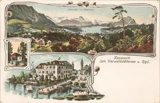 Küssnacht, Tell's Chapel, Hotel and Pension du Lac, Lake Lucerne and Rigi, Panorama (vor 16.7.1915)