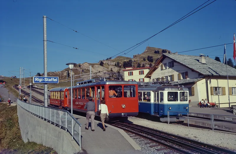 Rigi Relay, Vitznau-Rigi Railway (VRB) Bhe 2/4 railcar No. 3 with a lead car and ARB BDhe 2/4 railcar No. 12 (1975)