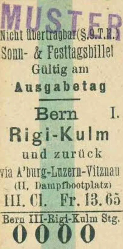 Sonn- & Festtagsbillet, Bern- Rigi -Kulm und zurück via A'burg-Luzern-Vitznau, 3. Klasse (1890 - 1899)