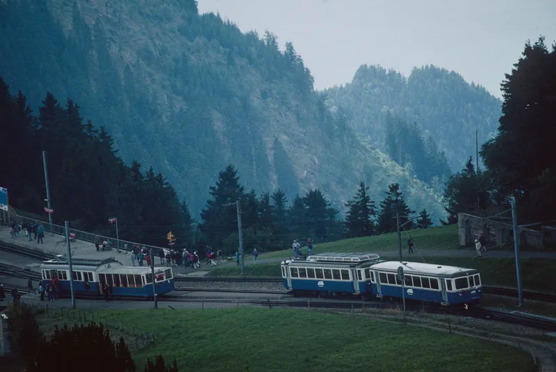 Rigi-Staffel (SZ), train station, trains of the Arth-Rigi-Bahn (ARB) (9/1996)