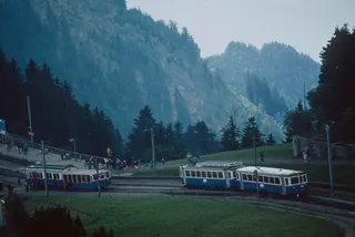 Rigi-Staffel (SZ), train station, trains of the Arth-Rigi-Bahn (ARB) (9/1996)