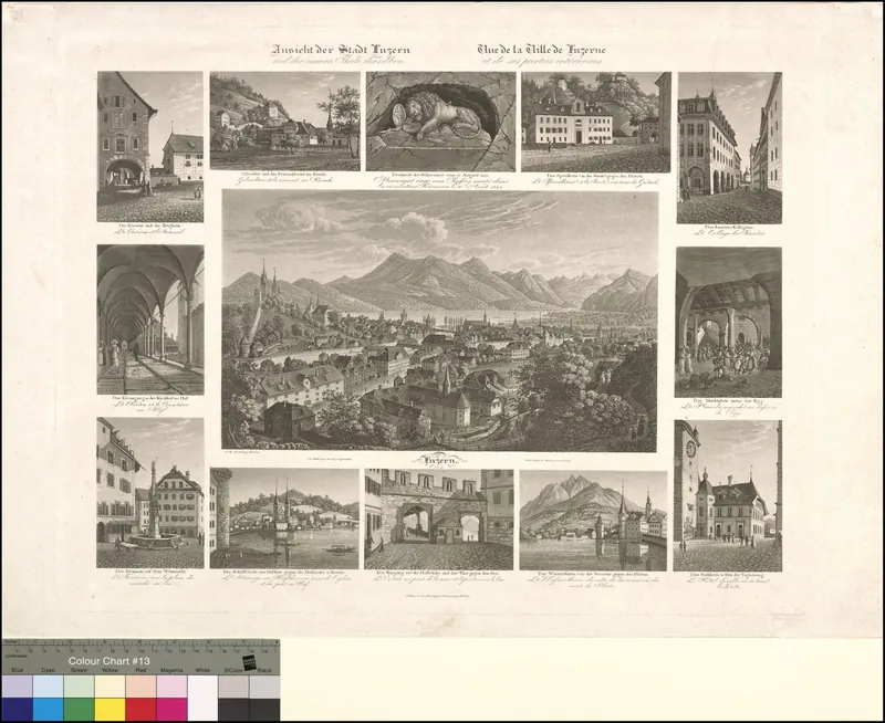 [Am ob. Bildrand:] Ansicht der Stadt Luzern/und der innern Theile derselben.// Vue .... [Bildmitte:] Luzern./Vom Gütsch gegen den Rigi aufgenommen.//Prise... [Um das Mittelbild sind 12 kleinere Bilder ... gruppiert] Die Kaserne und das Zeughaus. Der Kreuz (1832)