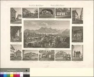 [Am ob. Bildrand:] Ansicht der Stadt Luzern/und der innern Theile derselben.// Vue .... [Bildmitte:] Luzern./Vom Gütsch gegen den Rigi aufgenommen.//Prise... [Um das Mittelbild sind 12 kleinere Bilder ... gruppiert] Die Kaserne und das Zeughaus. Der Kreuz (1832)