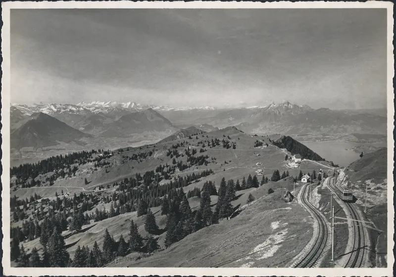 Rigi Kulm with Rigi cable car, view against Rigi Staffel, Pilatus and Alps (1940-1950)