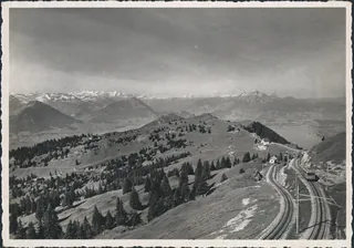 Rigi Kulm with Rigi cable car, view against Rigi Staffel, Pilatus and Alps (1940-1950)