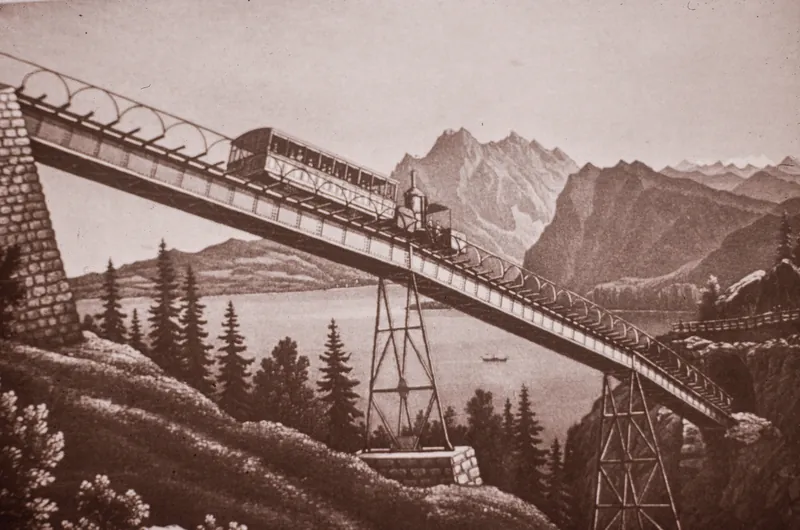 Drawing of a steam train of the Vitznau-Rigi Railway (VRB) on the Schnurtobel bridge below the Grubisbalm station (unbekannt)