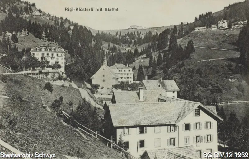 Rigi-Klösterlii mit Hotel Schwert und Kapelle Maria zum Schnee (vor 1912)