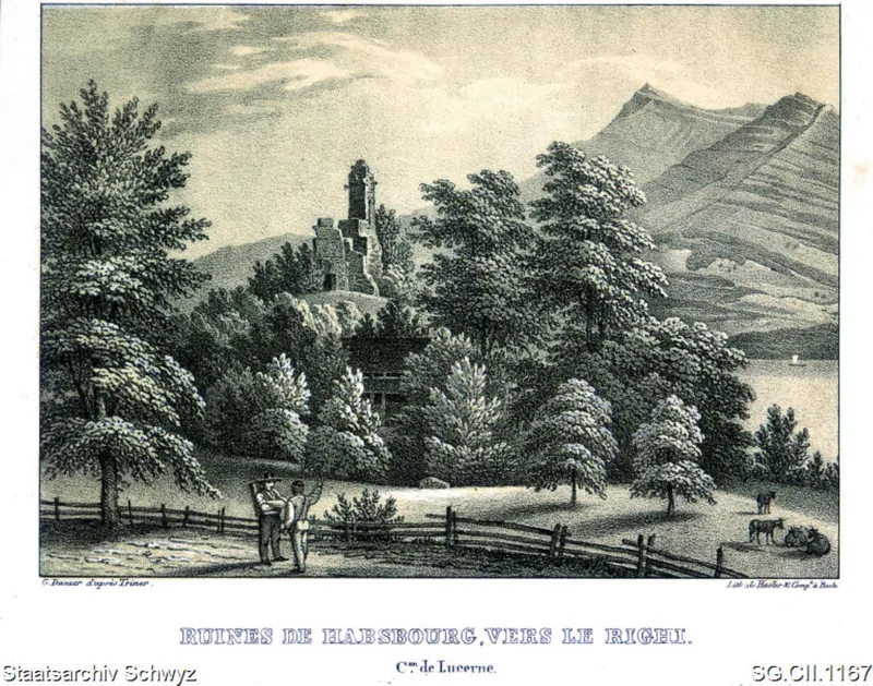Ruinen von Habsburg, in Richtung der Rigi (1830 - 1860)