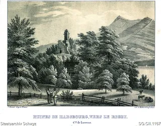 Ruinen von Habsburg, in Richtung der Rigi (1830 - 1860)