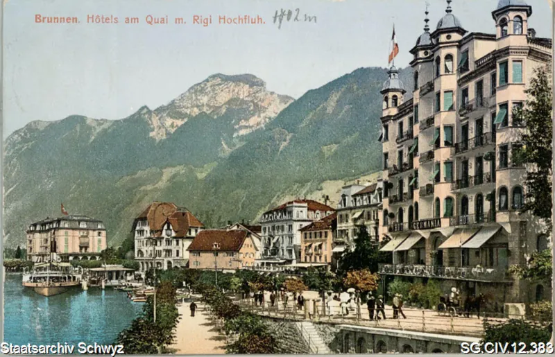 Brunnen. Hotels am Quai mit Rigi Hochfluh (1909)