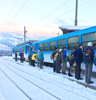 People waiting to board the cog railway from Rigi Kulm to Arth-Goldau