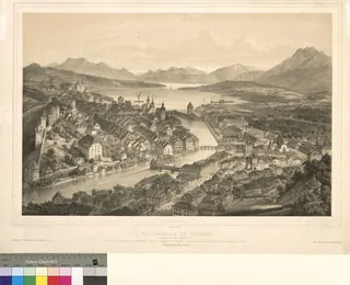 VUE GENERALE DE LUCERNE/Vue prise du Gutsch à l'Ouest de la Ville. 1. Rossberg 2. Rigi... 13. Pilate / Lucerne, Eglin frères, Mds. de Gravures (1862)