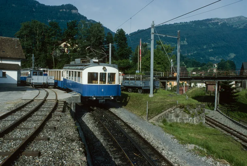 Arth-Goldau, depot, Arth-Rigi-Bahn (ARB) cogwheel railcar BDhe 2/4 7 no. (7/1985)