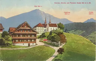 Menzingen, monastery, church and pension Gubel 912 m, Rigi 1800 m, Zugerberg 1044 m, Pilatus 2133 m (vor 05.09.1928)