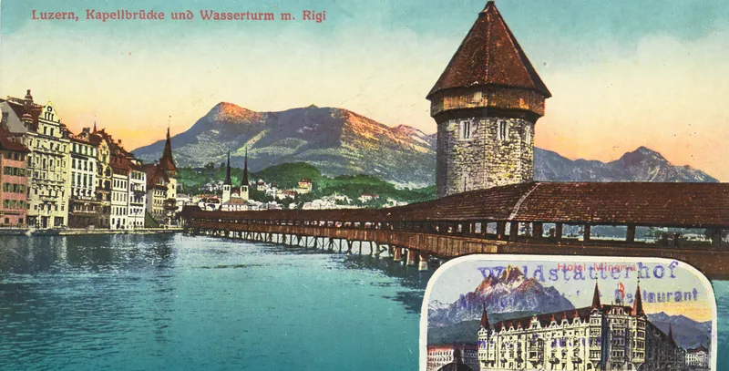Lucerne, Chapel Bridge and water tower m. Rigi (1910-1920)