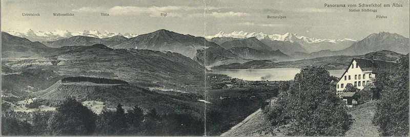 Panorama from Schweikhof am Albis, Sihlbrugg station, Urirotstock, Wallenstöcke, Titlis, Rigi, Berneralpen, Pilatus (vor 8.9.1923)