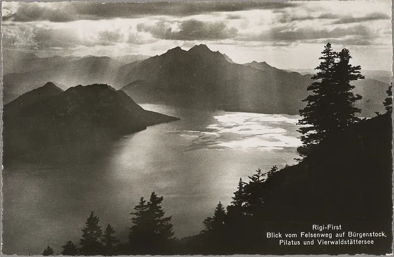 Rigi-First, view from the Felsenweg trail of Bürgenstock, Pilatus, and Lake Lucerne (1935 - 1945)
