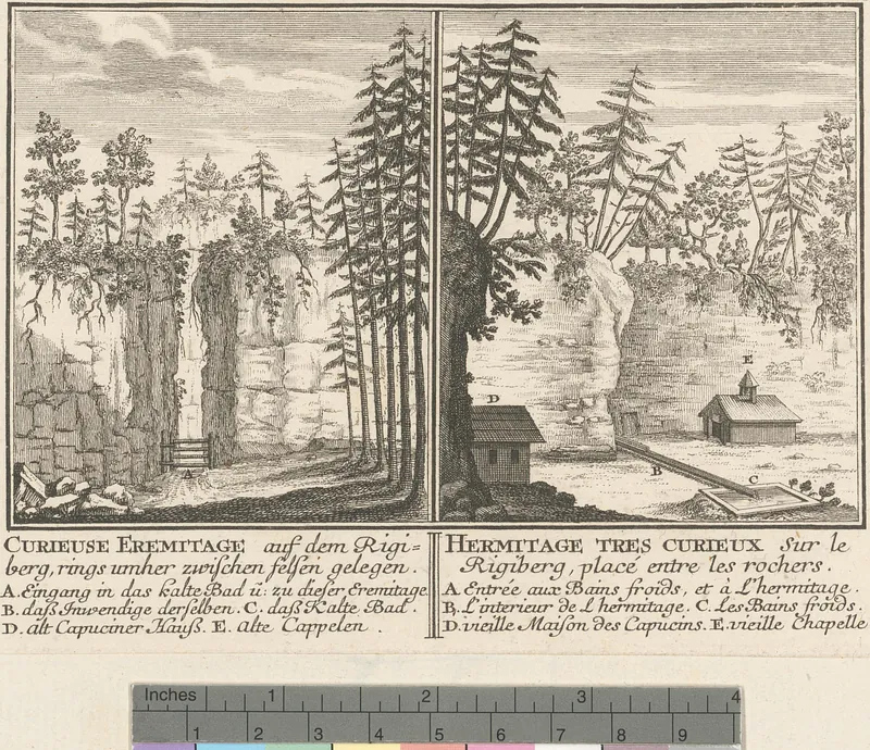 Curieuse Eremitage auf dem Rigiberg, rings umher zwischen Felsen gelegen: = Hermitage tres curieux sur le Rigiberg, placé entre les rochers (circa 1754)