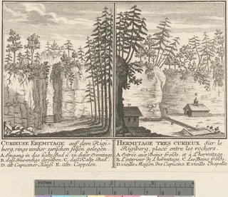 Curieuse Eremitage auf dem Rigiberg, rings umher zwischen Felsen gelegen: = Hermitage tres curieux sur le Rigiberg, placé entre les rochers (circa 1754)