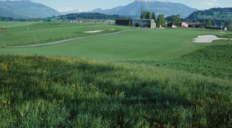 Risch ZG, On golf course southeast of Holzhäusern with the Kathrinenhof, in the background the Zugerberg, Buonas and Rigi (06.05.1996)