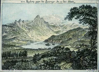 Blick von der Rigi über den Lauerzersee auf die Mythen (1800 - 1825)