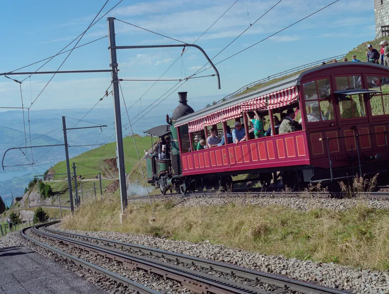 Canton SZ, Arth, Rigi Kulm, steam festival on September 30, 1996, motor and driving trailer Bdeh 4/4 15, steam locomotive No. 7 (1st steam locomotive of the SLM) VRB He 2/2 18, VRB Bdeh 4/4 22 with Bt 32 (30.09.1996)