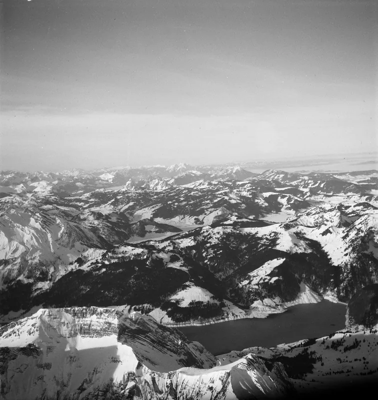 Schiberg with Lake Wägital, view to the west (W) Rigi and Pilatus (ca. 1938)