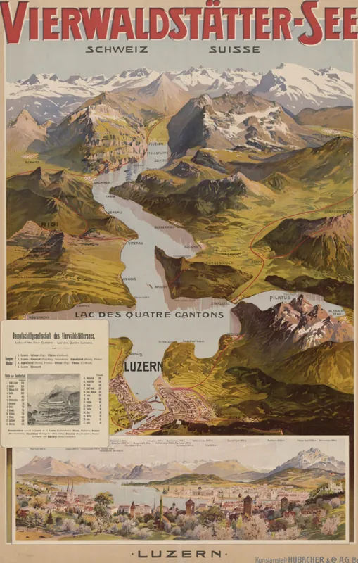 VIERWALDSTÄTTER-SEE Schweiz Suisse LUZERN Dampfschiffgesellschaft des Vierwaldstättersees. Lake of the Four Cantons. Lac des Quatre Cantons. Dampfer-Routen 1. Luzern - Vitznau ( Rigi ) - Flüelen (Gotthard). 2. Luzern - Stansstad (Engelberg, Stanserhorn) - Alpnachstad (Brünig, Pilatus). 3. Alpnachstad (Brünig, Pilatus) - Vitznau ( Rigi ) - Flüelen (Gotthard). 4. Luzern - Küssnacht. Flotte der Gesellschaft [Auflistung der Schiffe] Bahnanschlüsse sowohl in Luzern als in Flüelen (Gotthardbahn), Vitznau (Rigibahn), Brunnen (Morschachbahn), Alpnachstad (Brünigbahn, Pilatusbahn), Stansstad (Engelbergbahn, Stanserhornbahn) und Kehrsiten (Brünigstockbahn). (ca. 1905)