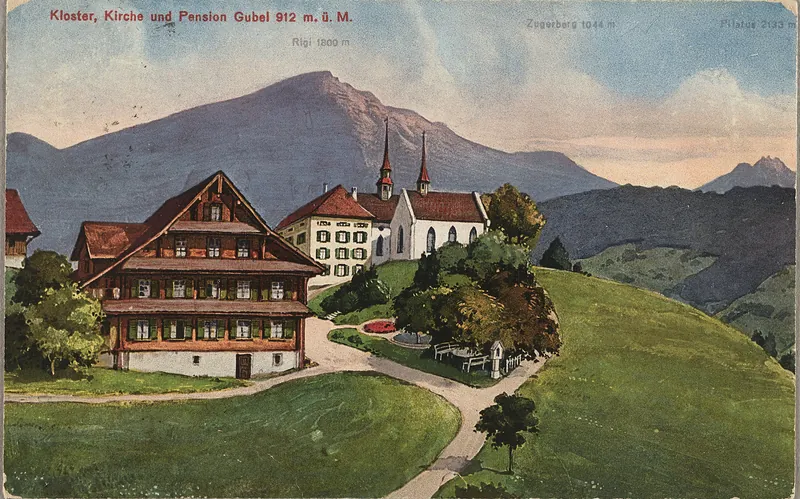 Menzingen, monastery, church and pension Gubel 912 m, Rigi 1800 m, Zugerberg 1044 m, Pilatus 2133 m (vor 6.3.1922)
