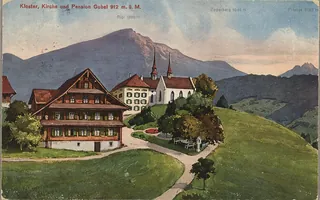 Menzingen, monastery, church and pension Gubel 912 m, Rigi 1800 m, Zugerberg 1044 m, Pilatus 2133 m (vor 6.3.1922)
