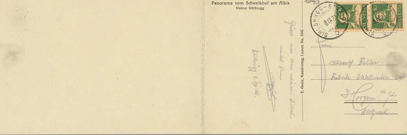 Panorama from Schweikhof am Albis, Sihlbrugg station, Urirotstock, Wallenstöcke, Titlis, Rigi, Berneralpen, Pilatus (vor 8.9.1923)