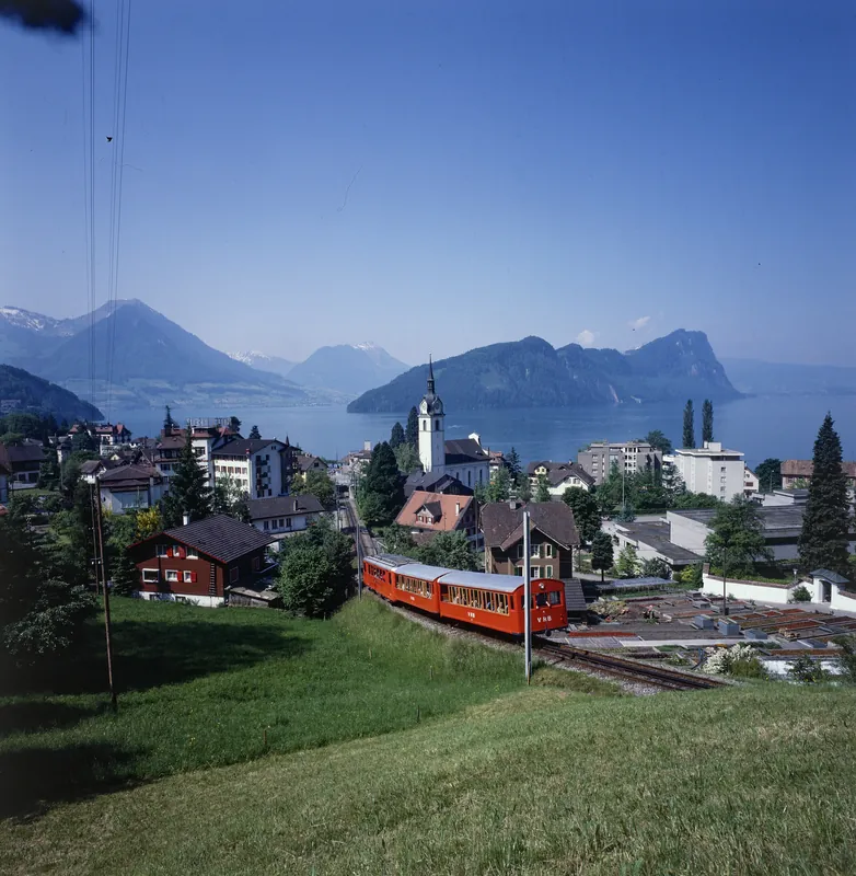 Vitznau, Vitznau-Rigi Railway (VRB), Bhe 2/4 railcar with a trailer car (ca. 1975)