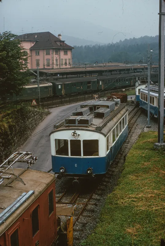 Arth-Goldau, train station, vehicles of the Arth-Rigi-Bahn (ARB) (9/1977)