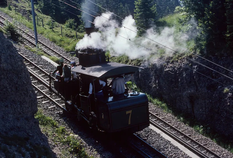 Rigi, old steam locomotive of the Rigi Railway in action (1997)