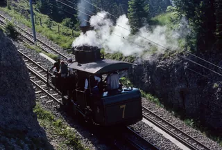 Rigi, old steam locomotive of the Rigi Railway in action (1997)