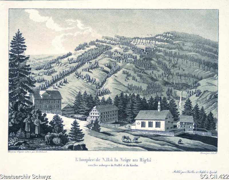 Kapelle Maria zum Schnee, Rigi-Klösterli, mit Blick auf die Rigi-Staffel und Rigi-Kulm (ca. 1830)