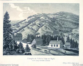 Kapelle Maria zum Schnee, Rigi-Klösterli, mit Blick auf die Rigi-Staffel und Rigi-Kulm (ca. 1830)