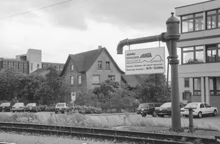 Weinfelden, railroad station, MThB advertising on the water crane, Konstanz-Rigi-Express (1991)