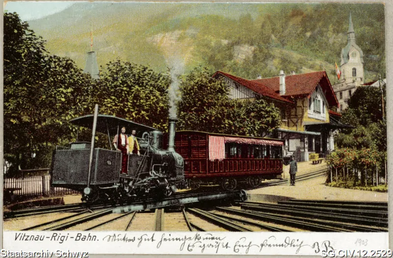Vitzanu-Rigi-Bahn: Dampflock mit Wagen bei der Talstation Vitznau (1903)