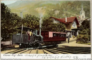 Vitzanu-Rigi-Bahn: Dampflock mit Wagen bei der Talstation Vitznau (1903)